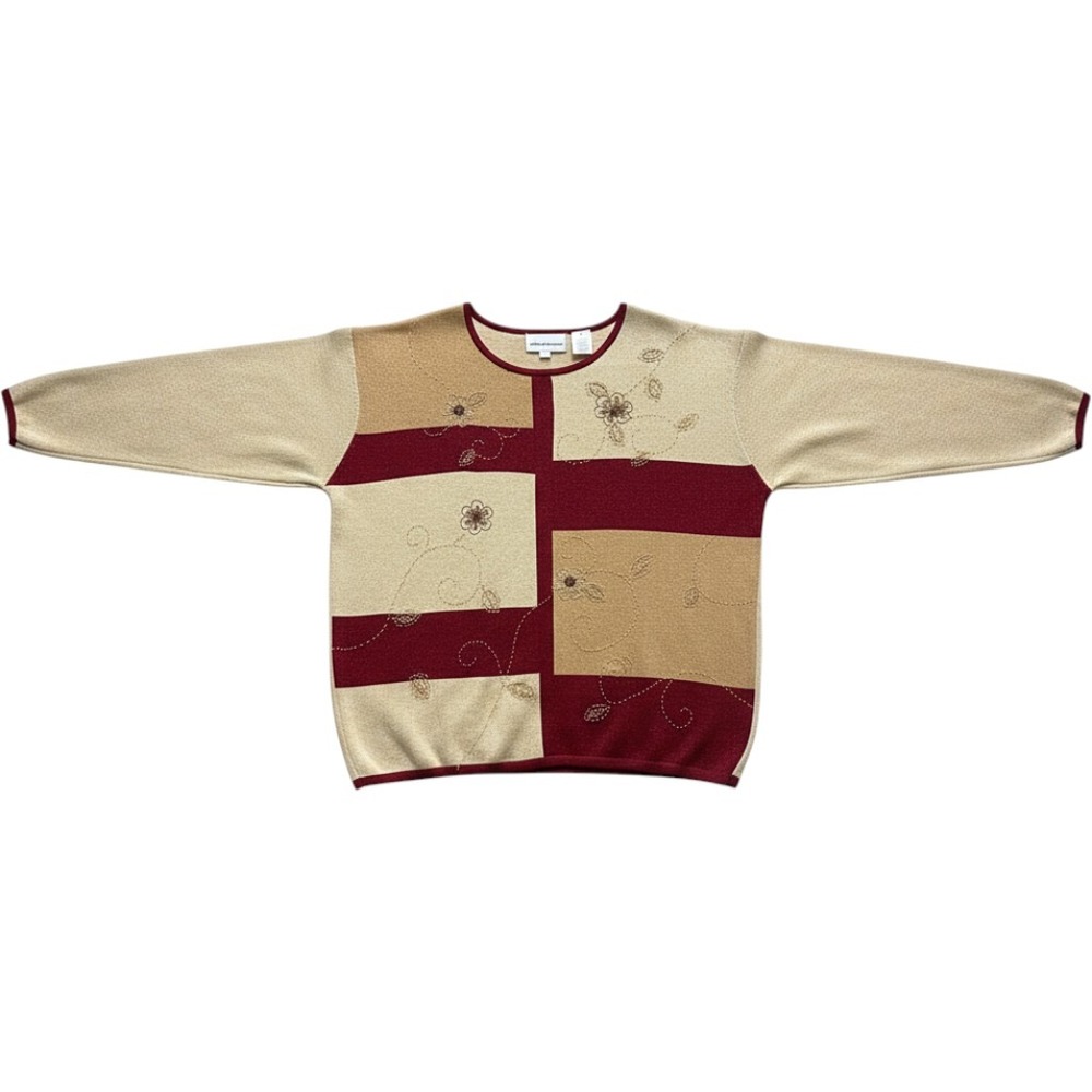 Alfred Dunner Gold Burgundy Metallic Knit Floral Beaded Sweater XL Vintage Style